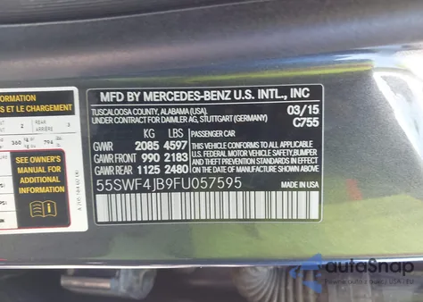 2015 Mercedes-Benz C 300 Luxury/Sport из США, поврежденный, VIN 55SWF4JB9FU057595